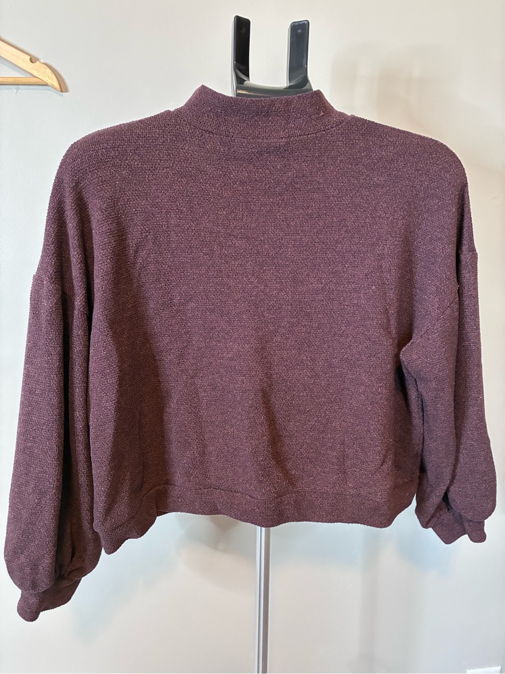 Lush Burgundy Mock Neck Bouclé Knit Sweater Size S Balloon Sleeve Cozy - Picture 2 of 7